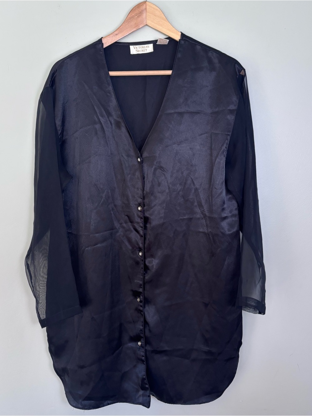 VTG Victoria’s Secret Gold Label Black Satin Shirt Nightgown-Sheer Sleeves-P/S